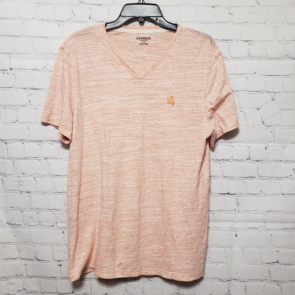 Express Sz L V- Neck Tee in Peach & White
